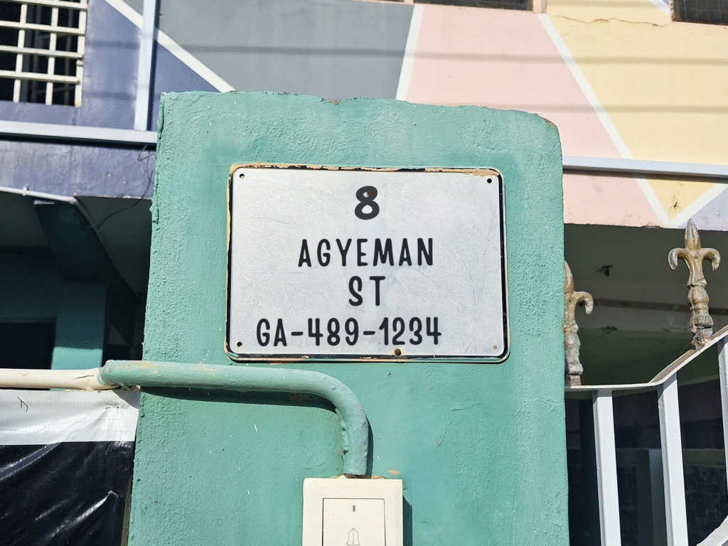 Agyeman Street house plate showing Ghana GPS address system code GA-489-1234.