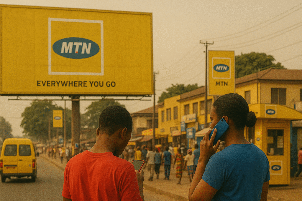 A Ghanaian street filled with MTN branding, with two people using Telecel and AirtelTigo phones in contrast.